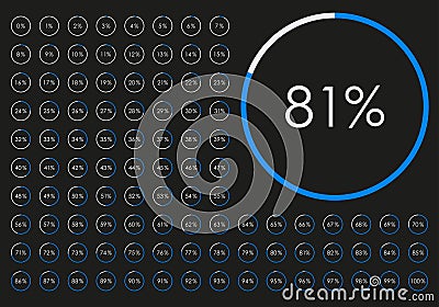 Percentage diagram set. Progress or loading circle symbols. Pie Chat from 1 to 100 percent for infographic design. Vector Vector Illustration